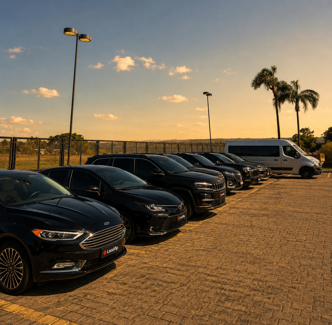 Frota executiva Loca Vip alinhada ao entardecer