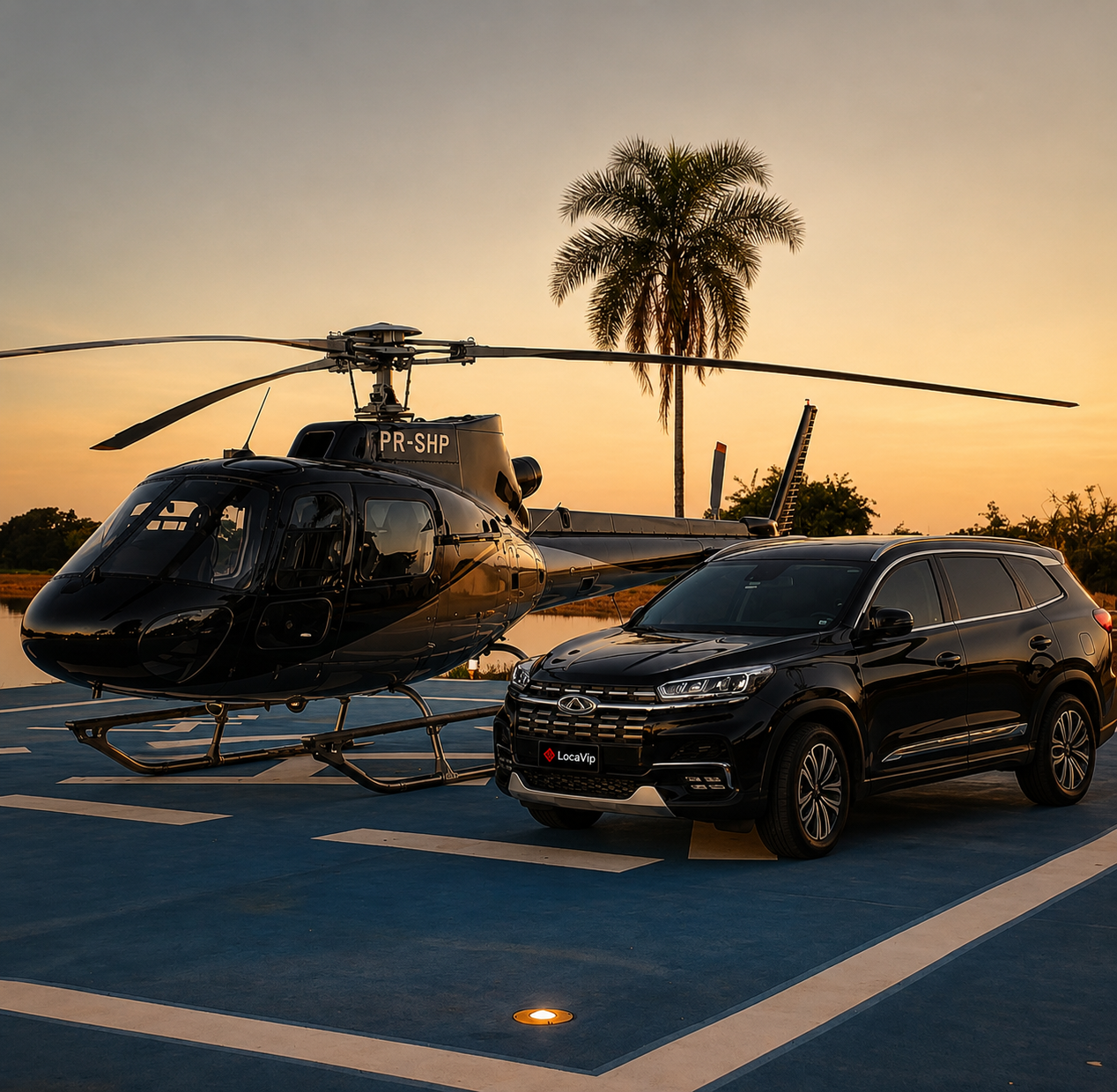 SUV Chery Tiggo 8 Loca Vip ao lado de helicóptero ao pôr do sol