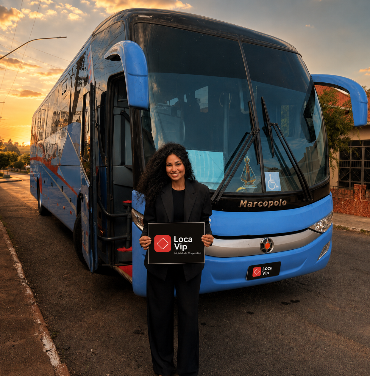 Motorista Loca Vip ao lado de ônibus executivo Marcopolo
